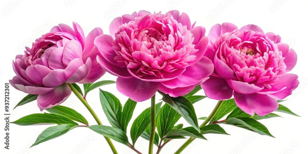 Three Pink Peonies with Green Leaves, Isolated on White Background, Flower, Peony, Floral , Photography Three Pink Peonies with Green Leaves, Isolated on White Background, Flower, Peony, Floral , Photography