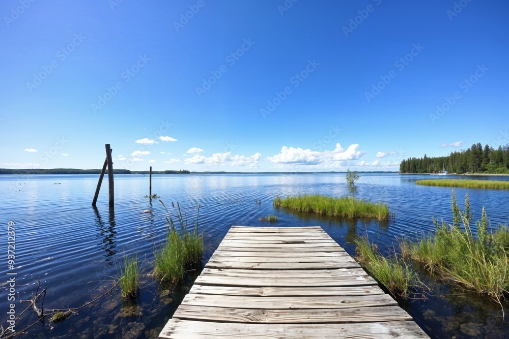 A wooden dock extending into a serene lake under a clear blue sky, ideal for peaceful nature and travel themes. A wooden dock extending into a serene lake under a clear blue sky, ideal for peaceful nature and travel themes.