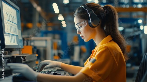 Focused Industrial Worker: A young woman in protective gear and headphones diligently operates a computer in a bustling factory setting, highlighting focus, determination, and technological integratio photo