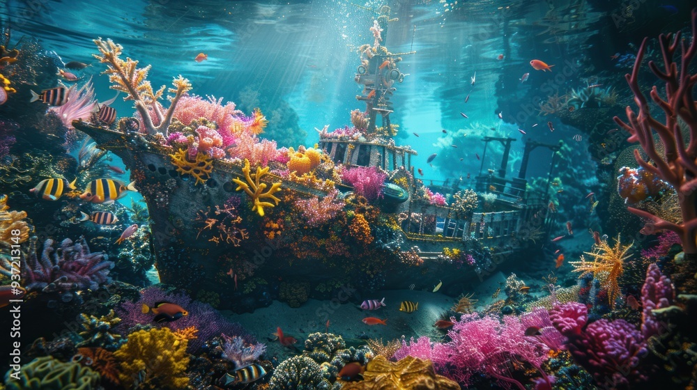 Naklejka premium A vibrant underwater landscape with a shipwreck encrusted with coral
