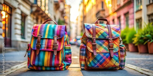 Fototapeta Naklejka Na Ścianę i Meble -  Two Colorful Backpacks on a Cobblestone Street, Striped and Plaid, Urban Travel, Backpacks, Street Style, Fashion