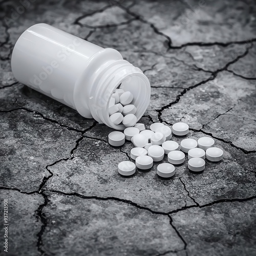 Empty pill bottle tipped over on a cracked bathroom floor, pills spilled out, grayscale, Realistic, harsh shadows, high detail