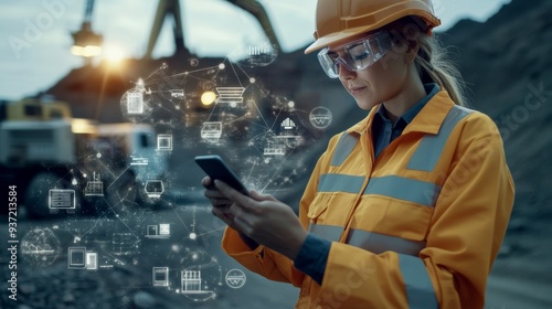 Tech-Enabled Construction: A female engineer, clad in safety gear, utilizes a smartphone amidst a bustling construction site, a futuristic digital overlay illustrating the seamless integration of tech