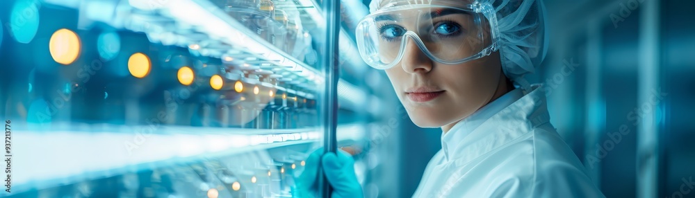 Female Scientist in Lab Coat Looking Through Glass Door With Protective Glasses