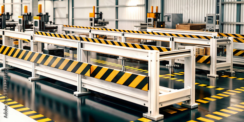 3D Icon as Safety barrier and assembly line concept as A safety barrier paired with an assembly line symbolizing the importance of physical barriers in maintaining safety in manufacturing processes id