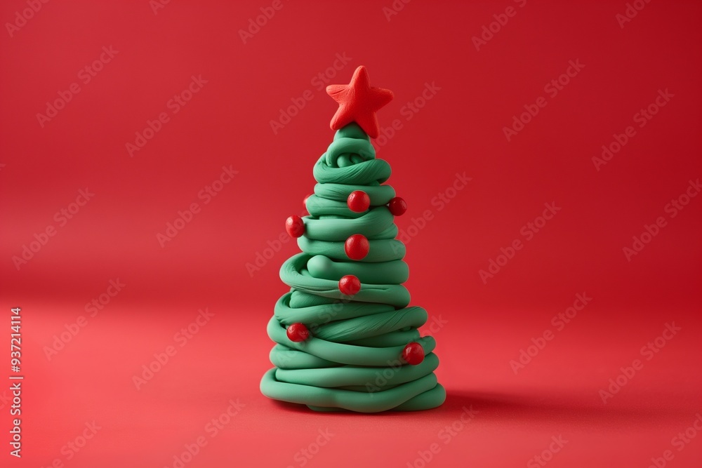Christmas tree polymer clay isolate on red background Christmas tree polymer clay isolate on red background