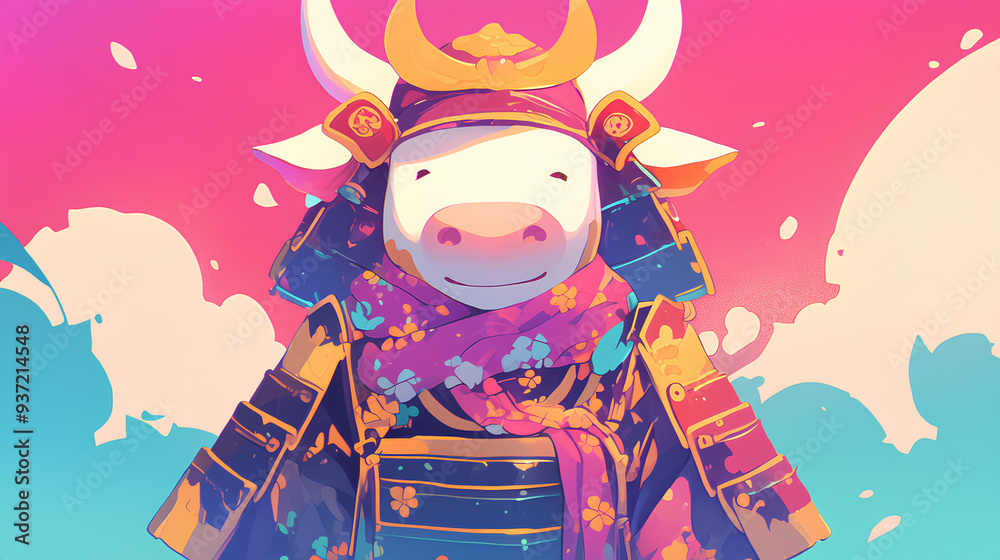 Cute cow wearing Japanese samurai armor, cool poses, cute kawaii, simple, smiling happy. high quality, neon psychedelic background Cute cow wearing Japanese samurai armor, cool poses, cute kawaii, simple, smiling happy. high quality, neon psychedelic background