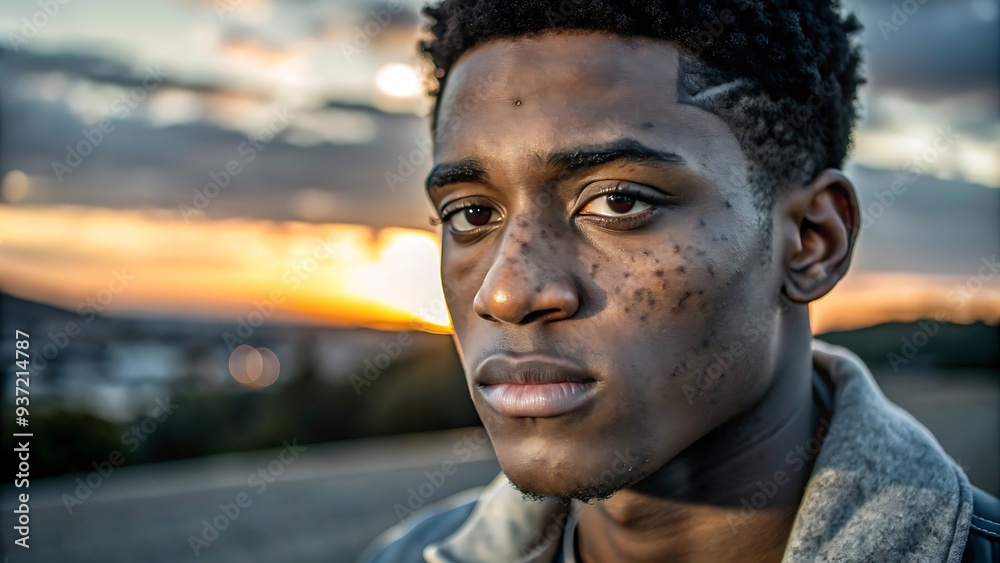 Young Black Man Looking Pensively at Sunset. Young Black Man Looking Pensively at Sunset.