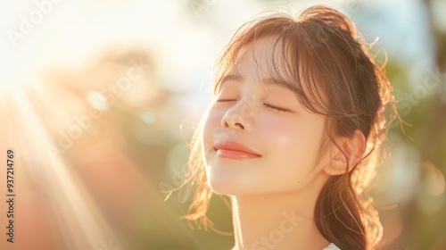 Beautiful Woman Portrait in Sunlight with Closed Eyes