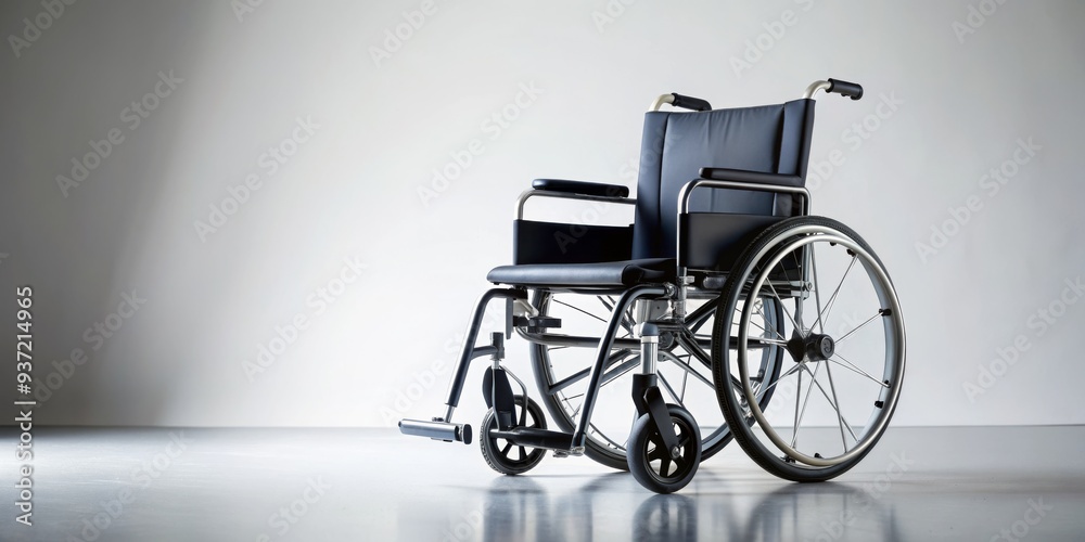 Fototapeta premium Wheelchair in Empty Room, Minimalist Composition, Grey Background, Medical Equipment, mobility, accessibility, disability