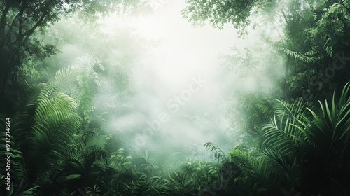 A misty jungle scene with lush greenery and soft light filtering through the trees.