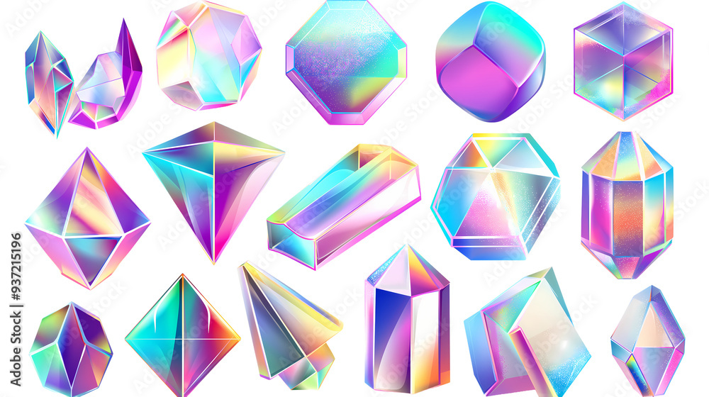 set of 3d crystal glass holographic effect isolated on transparent background set of 3d crystal glass holographic effect isolated on transparent background