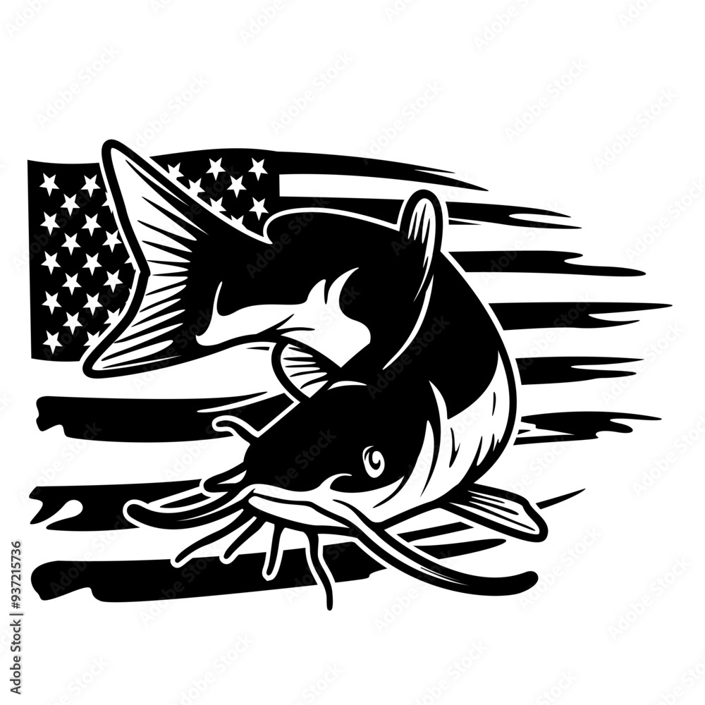 Obraz premium US Catfish | Wildlife | US Outdoor Fishing | Small Angling Tournament | Fisherman | Marine Animal | River Fishing | Aquatic Animal | Original Illustration | Vector and Clipart | Cutfile and Stencil