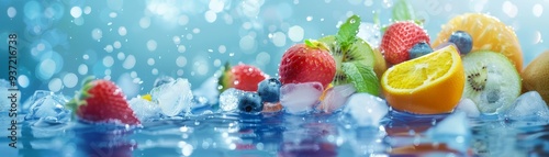 Fresh Fruit Splashing in Water with Ice Cubes