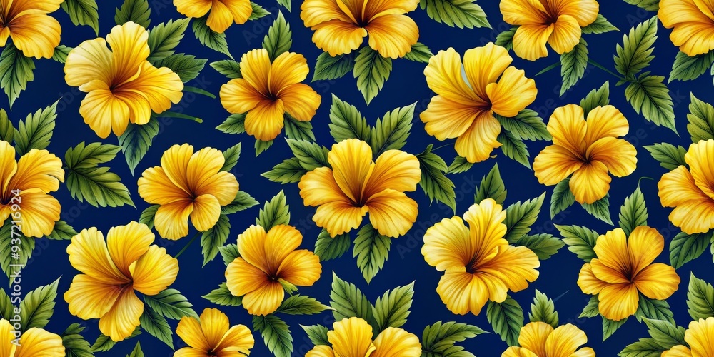 Yellow Hibiscus Floral Pattern on Navy Blue, hibiscus, floral, tropical, pattern, navy blue Yellow Hibiscus Floral Pattern on Navy Blue, hibiscus, floral, tropical, pattern, navy blue