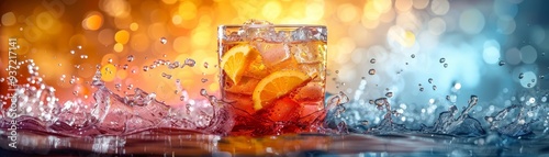 Refreshing Orange Soda Splash with Ice and Bokeh