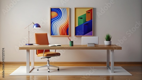 Modern Home Office Desk with Abstract Artwork and a Plant photo