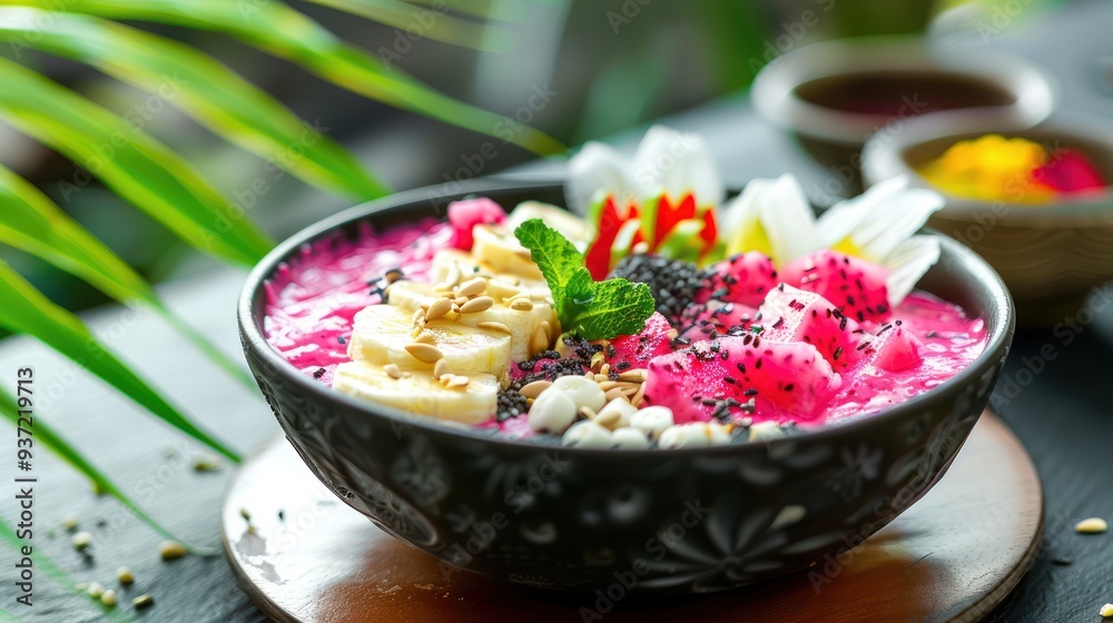 Dragon Fruit, Banana, and Mint Smoothie Bowl with Black Sesame Seeds