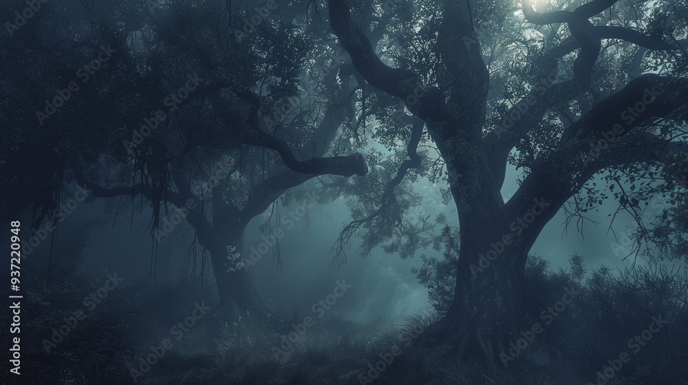 Mystical forest at twilight with dense fog, dark and eerie atmosphere ...