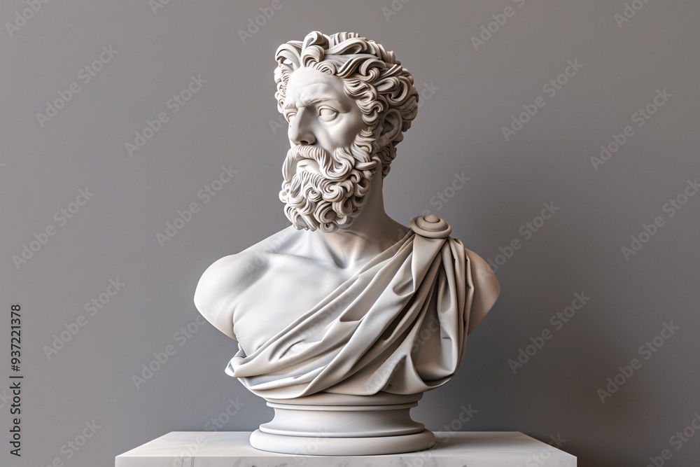 A 3D bust of a Roman figure displayed on a podium with a grey backdrop. A 3D bust of a Roman figure displayed on a podium with a grey backdrop.