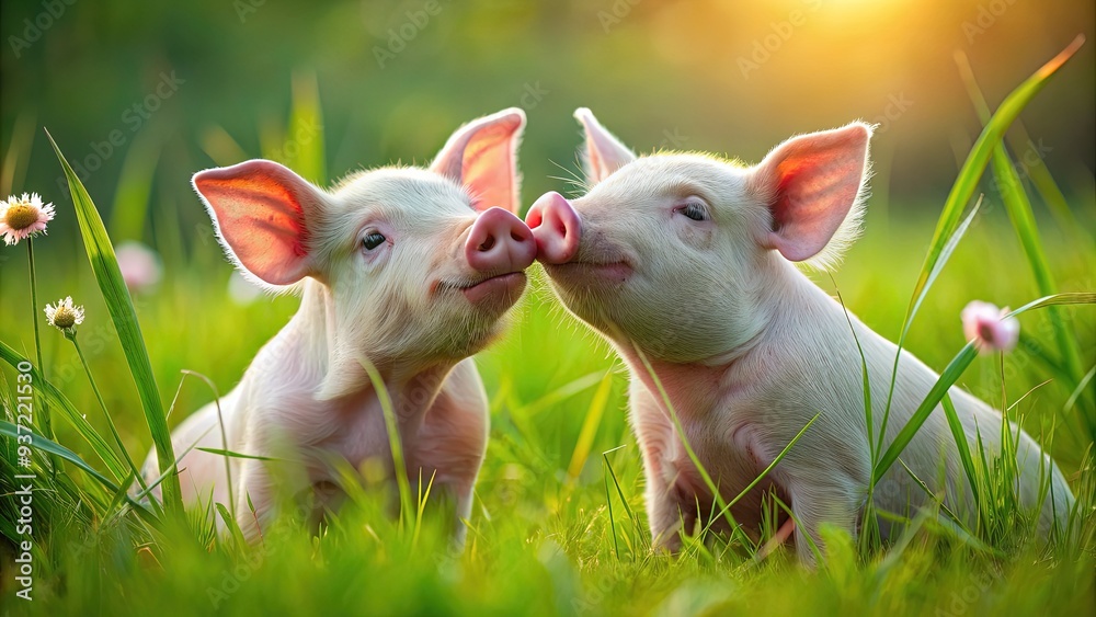 Adorable pigs, eyes closed, noses touching, exchange tender kiss amidst lush green meadow, capturing whimsical romance and innocence in a heartwarming agricultural scene. Adorable pigs, eyes closed, noses touching, exchange tender kiss amidst lush green meadow, capturing whimsical romance and innocence in a heartwarming agricultural scene.