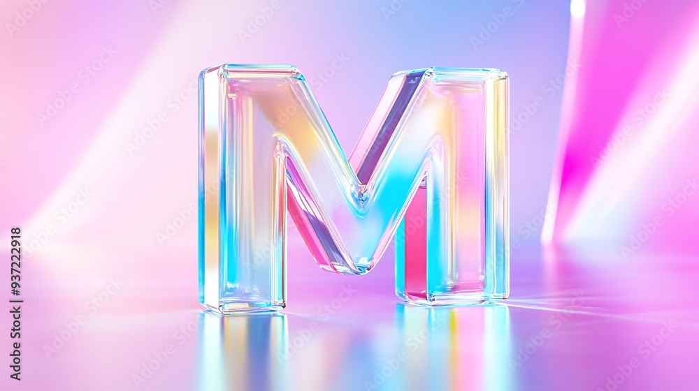 Glossy 3D Glass Letter M on Vibrant Pastel Background with Soft Lighting Glossy 3D Glass Letter M on Vibrant Pastel Background with Soft Lighting