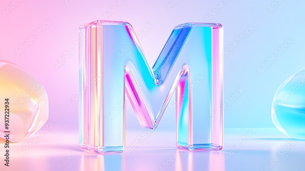 Vibrant 3D Glass Letter M with Colorful Gradient Background and Reflections Vibrant 3D Glass Letter M with Colorful Gradient Background and Reflections