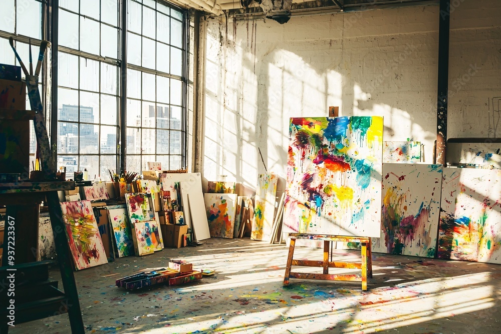 Obraz premium A lively creative space brimming with colorful canvases, playful paint splashes, and sunlight pouring through expansive windows, sparking inspiration and artistry.