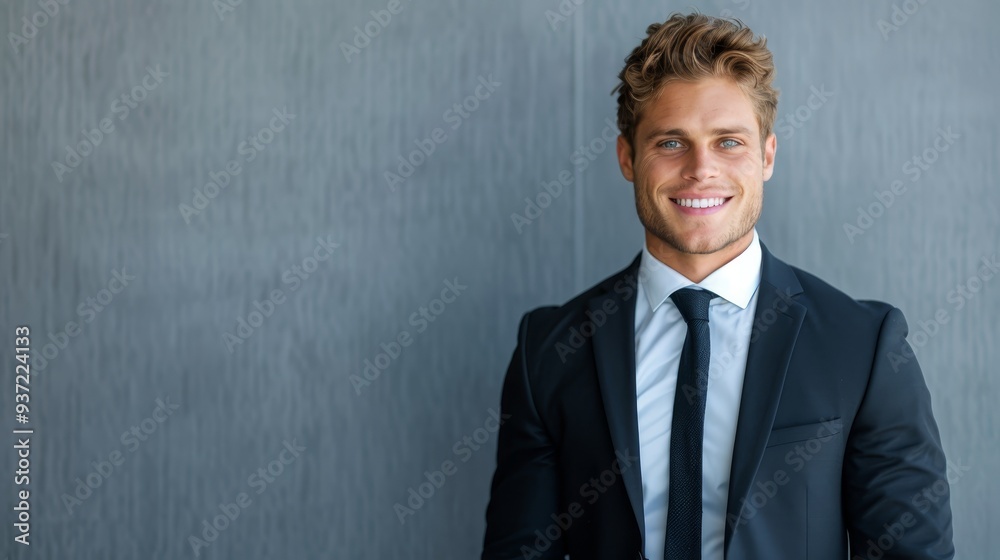 Smiling Businessman in Suit and Tie Against Grey Background Smiling Businessman in Suit and Tie Against Grey Background