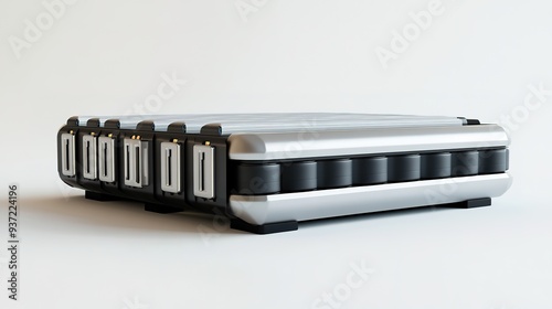 An EV battery module with cylindrical cells, depicted in a realistic style on a white background, representing energy storage technology. 3D Rendering