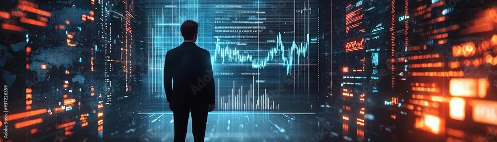 A man stands in front of a computer screen with a graph on it. The man is wearing a suit and he is focused on the screen. Concept of technology and business A man stands in front of a computer screen with a graph on it. The man is wearing a suit and he is focused on the screen. Concept of technology and business