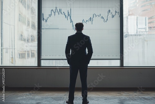 A man in a suit stands in front of a large window with a graph on it. He is looking at the graph intently, possibly analyzing it for work or personal reasons. Concept of focus and concentration