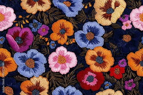 Seamless floral embroidery design featuring exquisite blossoms on a deep backdrop, perfect for fashion textiles and printed materials.