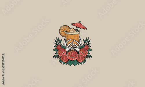 hand skeleton holding glass with red rose flowers vector flat design photo