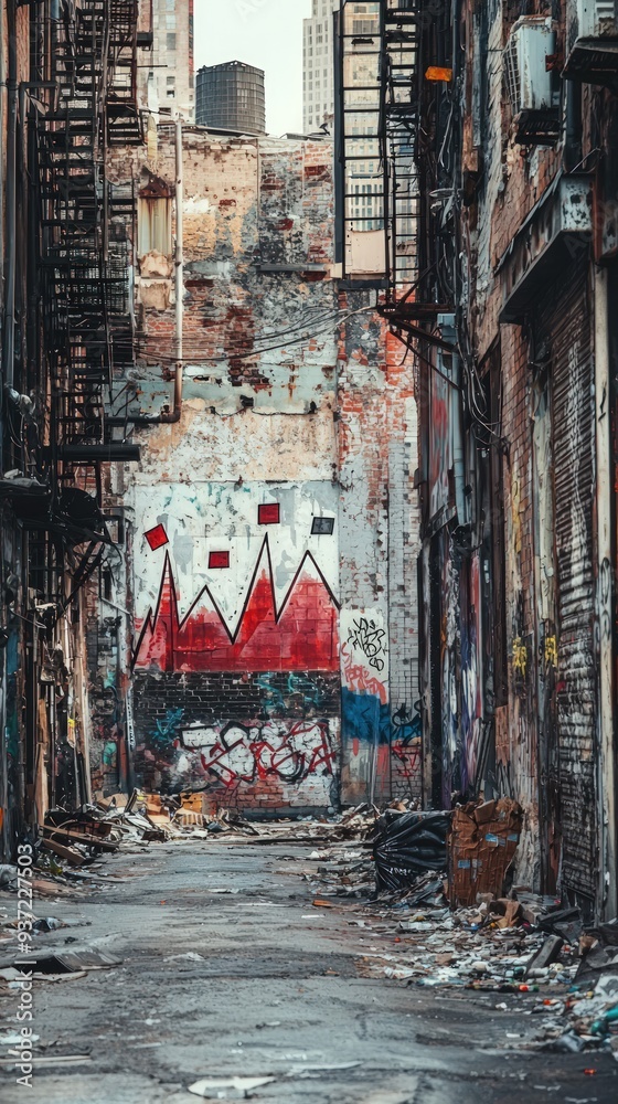 Fototapeta premium A graffiti covered alleyway with a red and white mural on the wall. The alleyway is narrow and has a lot of trash on the ground