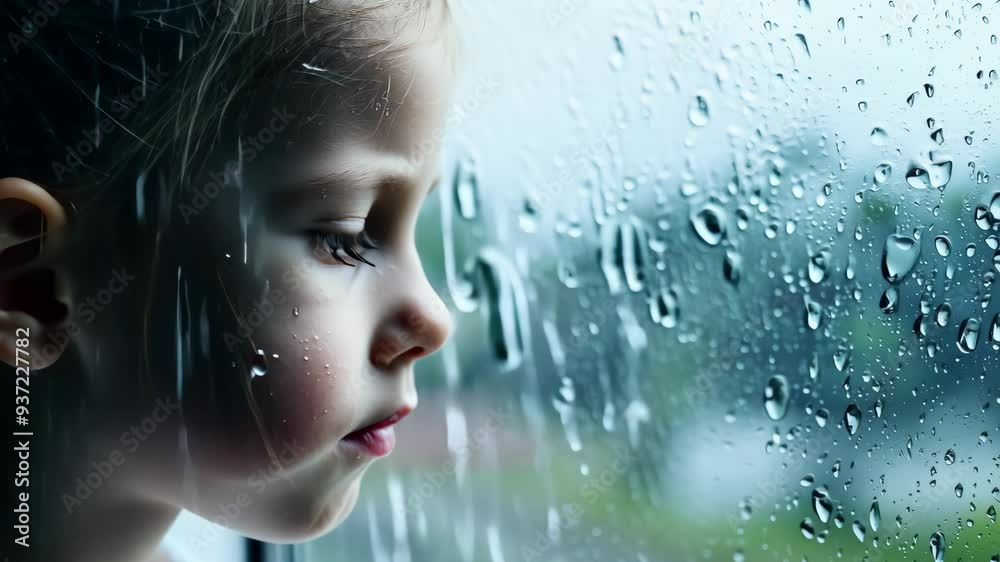 A close-up of a young child's face pressed against a window, gazing out at the raindrops on the glass. 