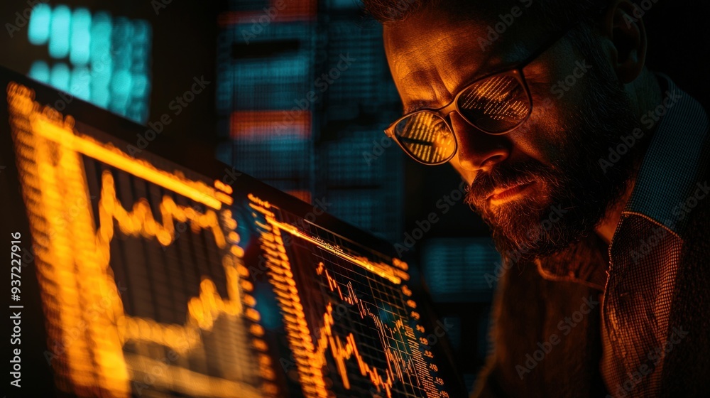 A man is looking at a computer screen with a lot of numbers and graphs. He is wearing glasses and he is focused on the screen. Concept of concentration and seriousness A man is looking at a computer screen with a lot of numbers and graphs. He is wearing glasses and he is focused on the screen. Concept of concentration and seriousness