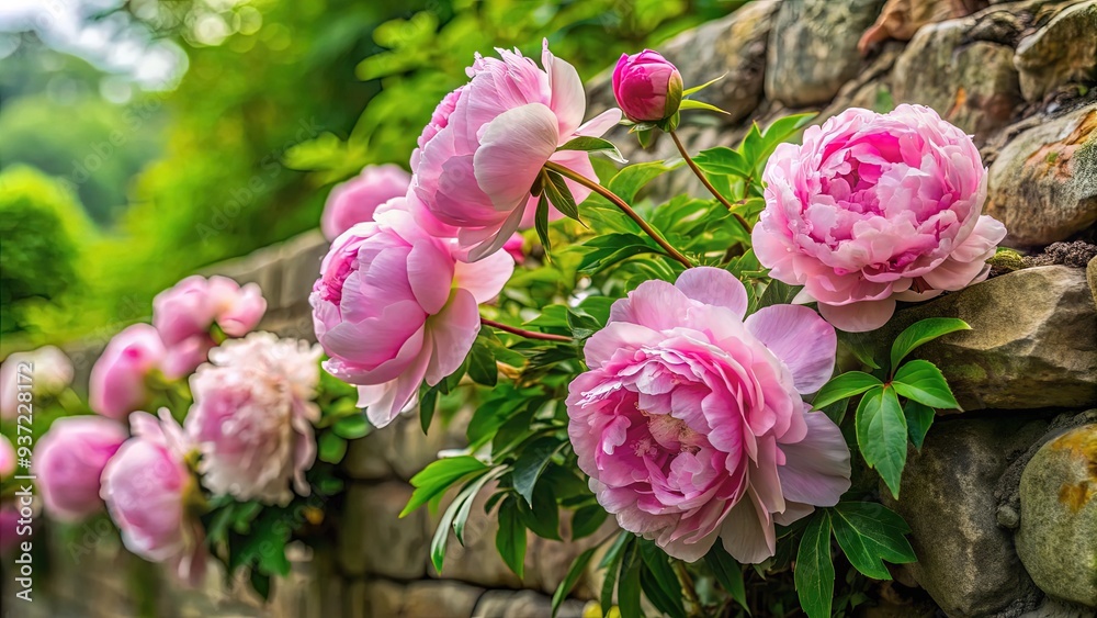 Beautiful lush peony blossoms in soft pink hues spill over an ancient weathered stone wall, surrounded by lush greenery and delicate morning dew. Beautiful lush peony blossoms in soft pink hues spill over an ancient weathered stone wall, surrounded by lush greenery and delicate morning dew.