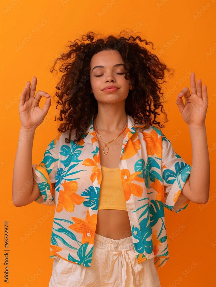 An upbeat, youthful woman with curly hair meditating and crossing her fingers on a bright orange background. An upbeat, youthful woman with curly hair meditating and crossing her fingers on a bright orange background.