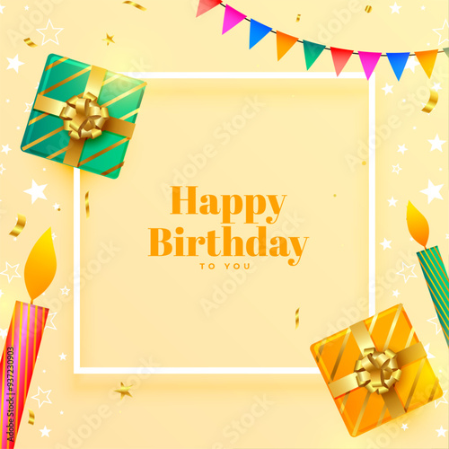 realistic bday giftbox and candle for happy birthday festive background