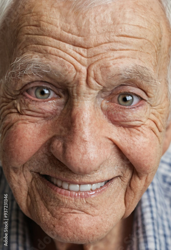 happy face of smiling elderly man with grey hair and deep wrinkles, portrait close-up, good mood and relaxed facial expression, eye-contact direct, caucasian ,age 70-100