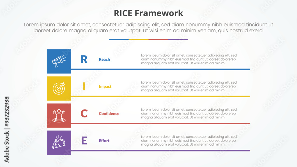 RICE scoring model framework infographic concept for slide presentation with boxed creative rectangle stack with 4 point list with flat style RICE scoring model framework infographic concept for slide presentation with boxed creative rectangle stack with 4 point list with flat style