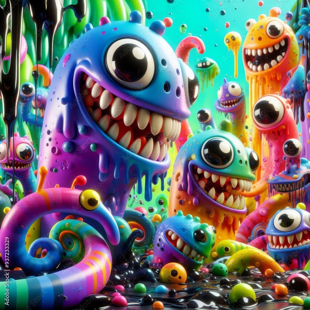 Vibrant Monsters: A Feast of Colors and Whimsy in a Playful, Dripping Fantasy World Full of Cheerful, Exaggerated Characters Vibrant Monsters: A Feast of Colors and Whimsy in a Playful, Dripping Fantasy World Full of Cheerful, Exaggerated Characters
