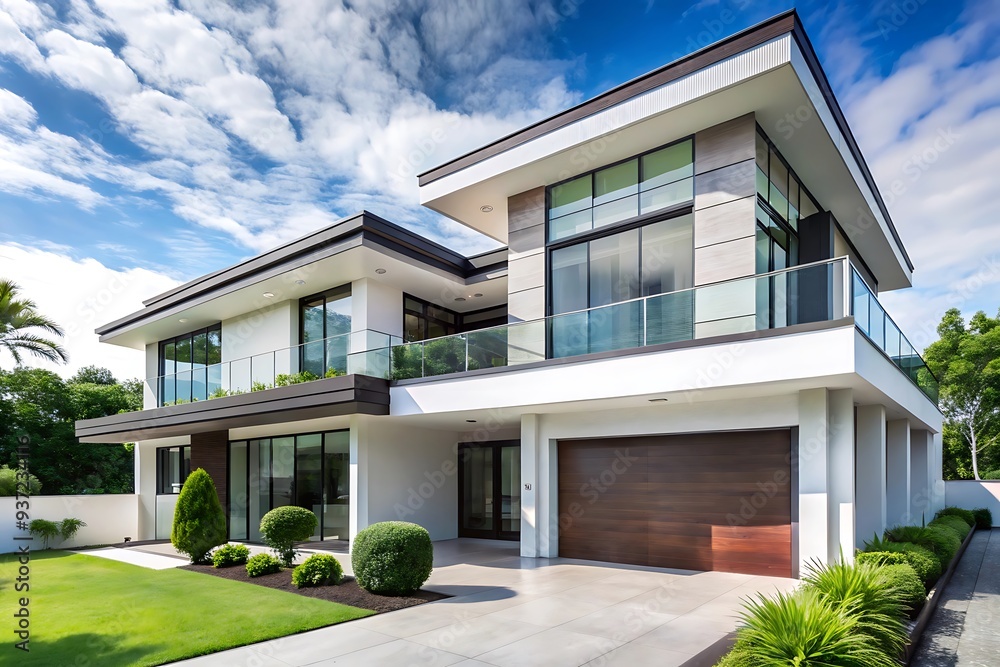 Modern Home Exterior with Glass Balcony and Wooden Garage Door. Modern Home Exterior with Glass Balcony and Wooden Garage Door.