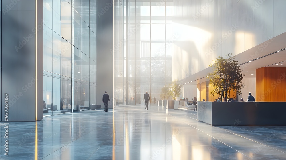 Blurred background of an office building lobby with people walking through the modern and corporate interior design with glass walls floors and ceiling lights This image captures the busy efficient Blurred background of an office building lobby with people walking through the modern and corporate interior design with glass walls floors and ceiling lights This image captures the busy efficient