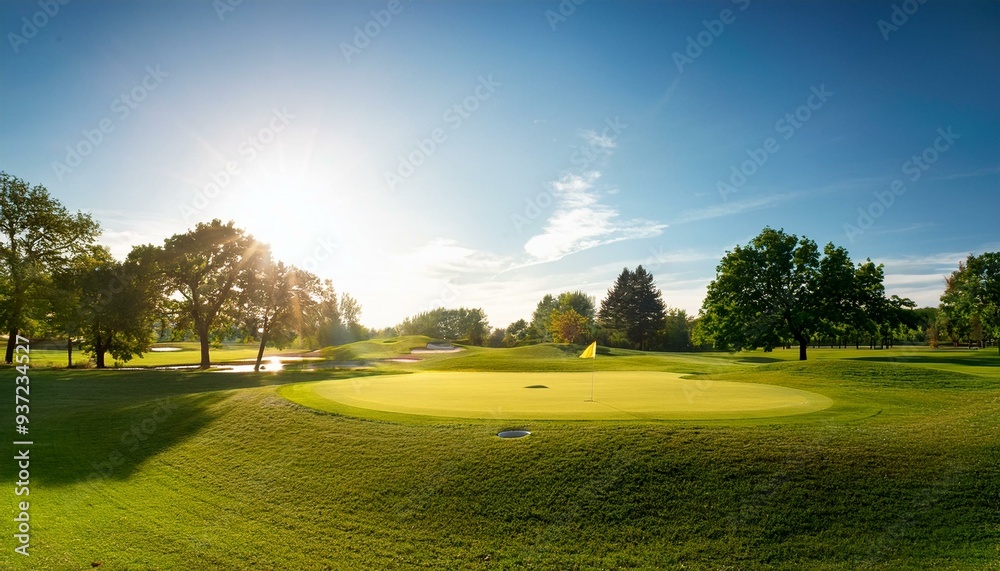 Golf course at sunset with beautiful blue sky. Scenic panoramic view of perfect golf fairway. Golf field with high pines Golf course at sunset with beautiful blue sky. Scenic panoramic view of perfect golf fairway. Golf field with high pines