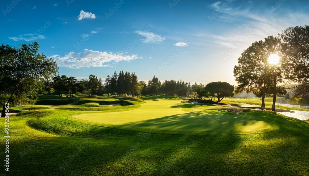 Golf course at sunset with beautiful blue sky. Scenic panoramic view of perfect golf fairway. Golf field with high pines Golf course at sunset with beautiful blue sky. Scenic panoramic view of perfect golf fairway. Golf field with high pines