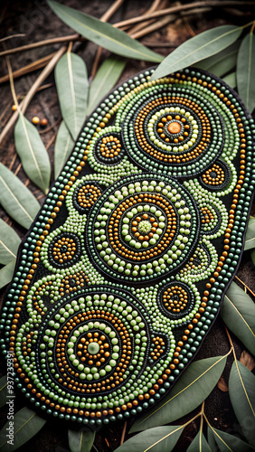 Australian Aboriginal dot painting style art dreamtime story of bush tucker food in neutral tones. photo