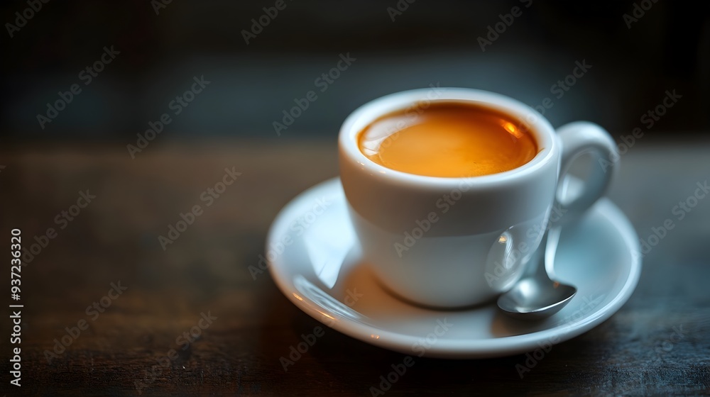Freshly brewed intense espresso shot served in a small elegant cup with a matching saucer and spoon with a blurred background for copy space Freshly brewed intense espresso shot served in a small elegant cup with a matching saucer and spoon with a blurred background for copy space