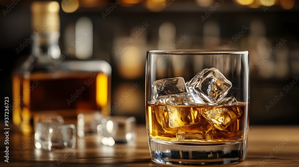 Sophisticated whiskey glass filled with ice cubes and an accompanying bottle in the background offering a classic and elegant setting with space for copywriting or text overlay Sophisticated whiskey glass filled with ice cubes and an accompanying bottle in the background offering a classic and elegant setting with space for copywriting or text overlay